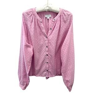 EVEREVE | Pink Swiss Dot Button Front Blouse Long Sleeve Cotton Top | Large